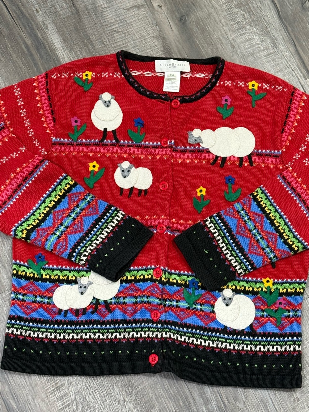 VTG Susan Bristol Red Sheep Cardigan with Fair Isle petite medium vintage